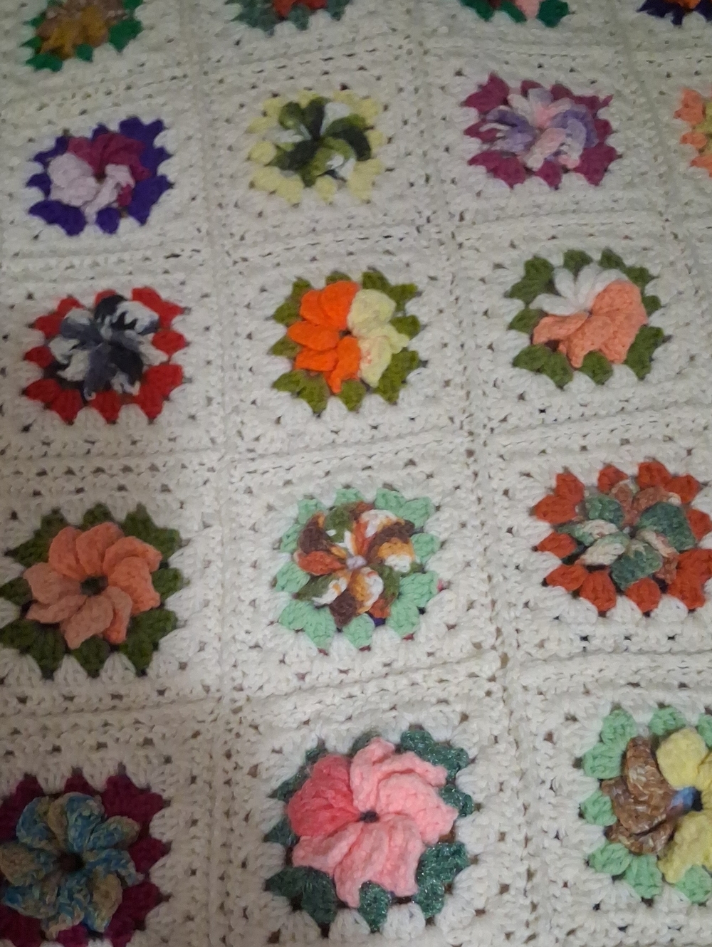 Handmade Crocheted Floral Granny Square Blanket - Cream with Multicolor Flowers